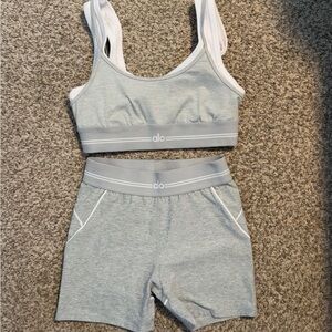ALO Yoga Light Gray Active Bralette and High-Waist Shorts Set